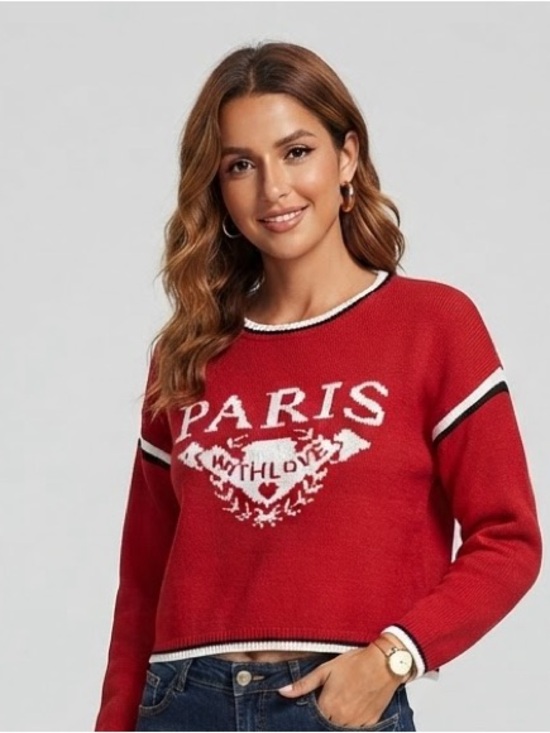 chic Sweaters - V-Chic Red Paris With Love Graphic Knit Sweater Size M
